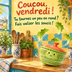 Une essoreuse souriante fait tournoyer trois feuilles de laitue dans une cuisine colorée, avec le texte « Coucou, vendredi ! Tu tournes un peu en rond ? Fais valser les soucis ! ».