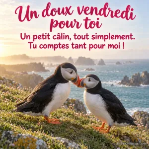 Deux macareux moines se touchent tendrement le bec sur une corniche bretonne, avec le texte « Un doux vendredi pour toi Un petit câlin, tout simplement. Tu comptes tant pour moi ! ».