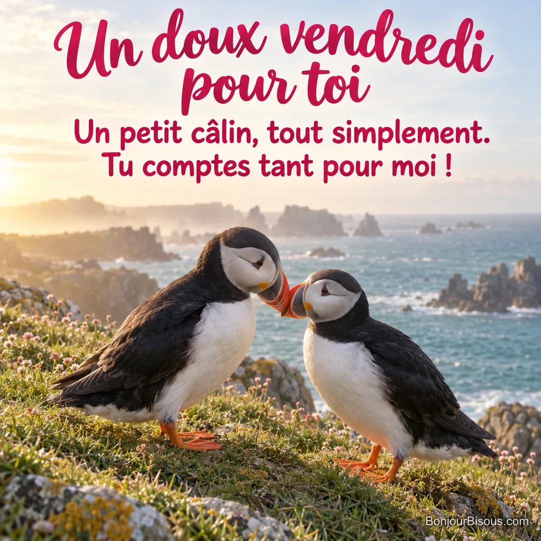 Deux macareux moines se touchent tendrement le bec sur une corniche bretonne, avec le texte « Un doux vendredi pour toi Un petit câlin, tout simplement. Tu comptes tant pour moi ! ».