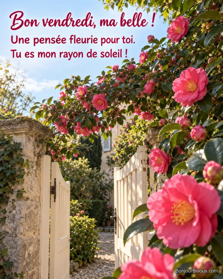 Une branche de camélia rose fleurit au-dessus d’un portillon de jardin ouvert au soleil d’automne, avec le texte « Bon vendredi, ma belle ! Une pensée fleurie pour toi. Tu es mon rayon de soleil ! ».