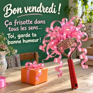 Un presse-purée rouge semble coiffé de grandes boucles de bolduc rose près d’un cadeau orange, avec le texte « Bon vendredi ! Ça frisotte dans tous les sens… Toi, garde ta bonne humeur ! ».