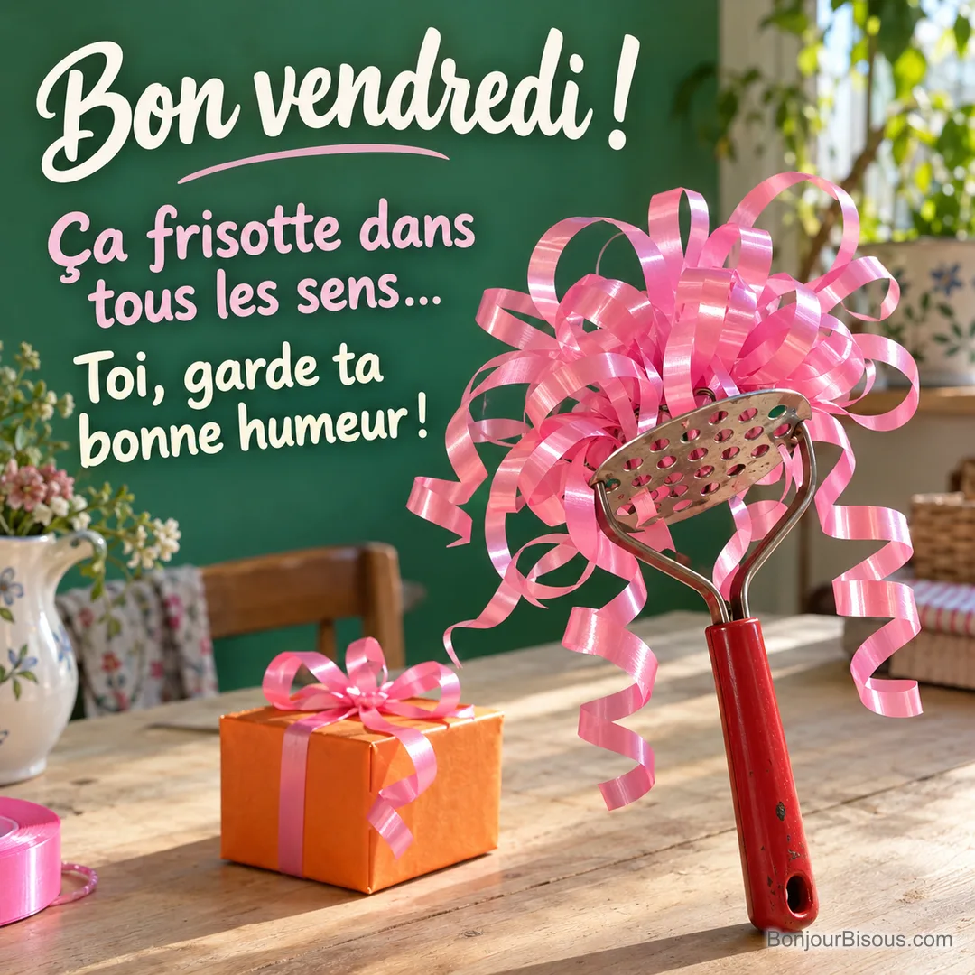 Un presse-purée rouge semble coiffé de grandes boucles de bolduc rose près d’un cadeau orange, avec le texte « Bon vendredi ! Ça frisotte dans tous les sens… Toi, garde ta bonne humeur ! ».