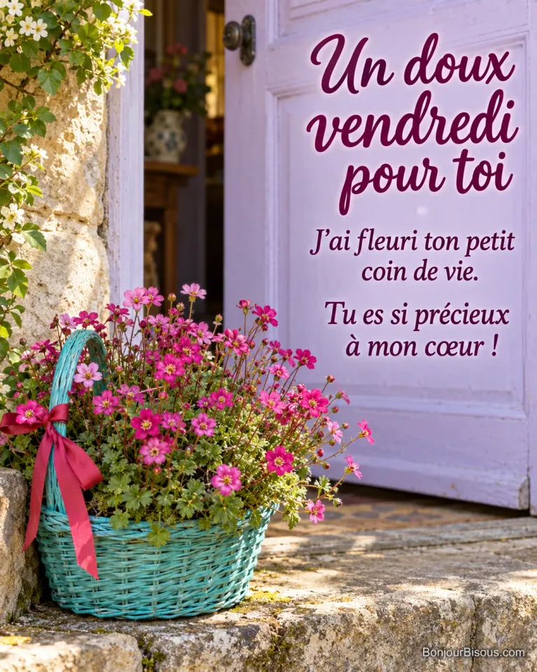 Un panier turquoise de saxifrages roses, noué d’un ruban rouge, attend sur un seuil périgourdin, avec le texte « Un doux vendredi pour toi J’ai fleuri ton petit coin de vie. Tu es si précieux à mon cœur ! ».