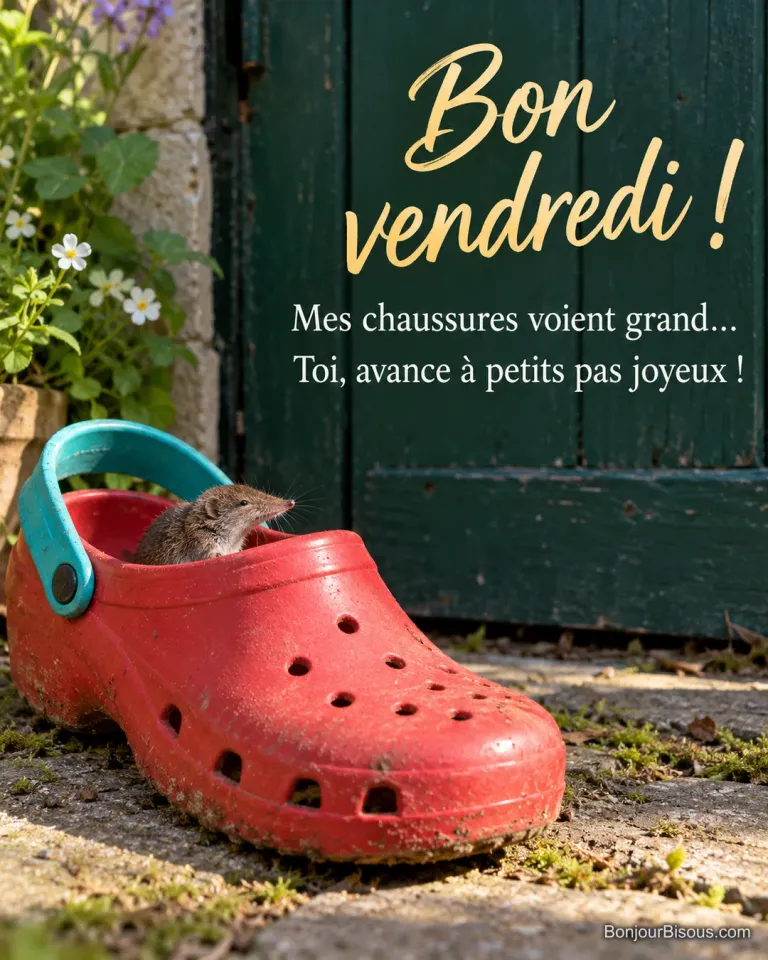 Une minuscule musaraigne au museau pointu dépasse d’un sabot de jardin rouge beaucoup trop grand pour elle. Le message est : « Bon vendredi ! Mes chaussures voient grand… Toi, avance à petits pas joyeux ! ».