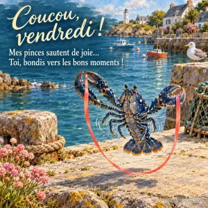 Un homard bleu fait sauter un ruban corail comme une corde en tenant une extrémité dans chaque pince. Le message est : « Coucou, vendredi ! Mes pinces sautent de joie… Toi, bondis vers les bons moments ! ».