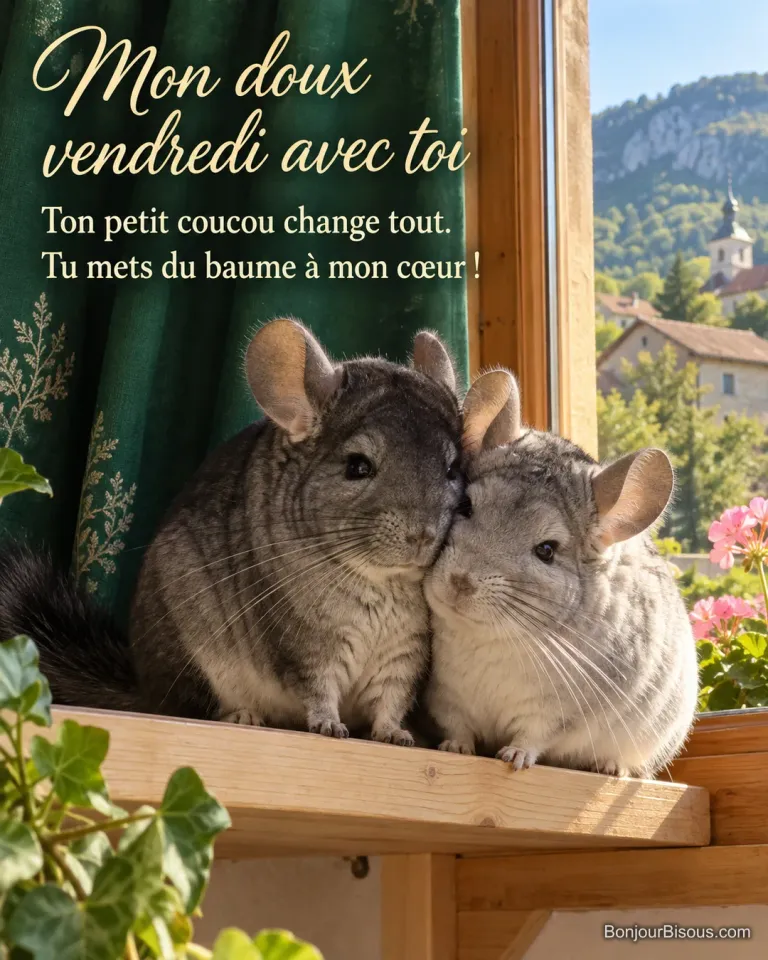 Deux chinchillas gris différents se serrent doucement joue contre joue près d’une fenêtre lumineuse. Le message est : « Mon doux vendredi avec toi Ton petit coucou change tout. Tu mets du baume à mon cœur ! ».
