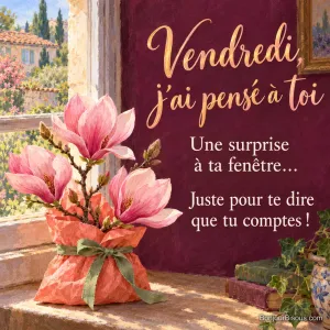 Une branche de magnolia rose dans une pochette cadeau corail attend à la fenêtre comme une surprise affectueuse. Le message est : « Vendredi, j’ai pensé à toi Une surprise à ta fenêtre… Juste pour te dire que tu comptes ! ».