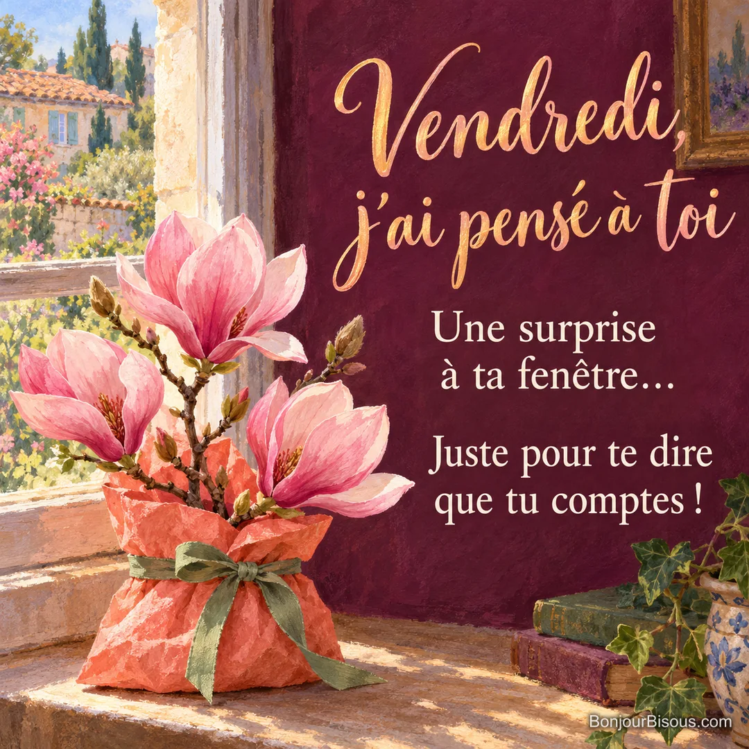 Une branche de magnolia rose dans une pochette cadeau corail attend à la fenêtre comme une surprise affectueuse. Le message est : « Vendredi, j’ai pensé à toi Une surprise à ta fenêtre… Juste pour te dire que tu comptes ! ».