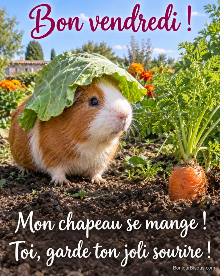 Un cobaye roux et blanc porte une grande feuille de chou comme un chapeau dans un potager ensoleillé. Le message est : « Bon vendredi ! Mon chapeau se mange ! Toi, garde ton joli sourire ! ».