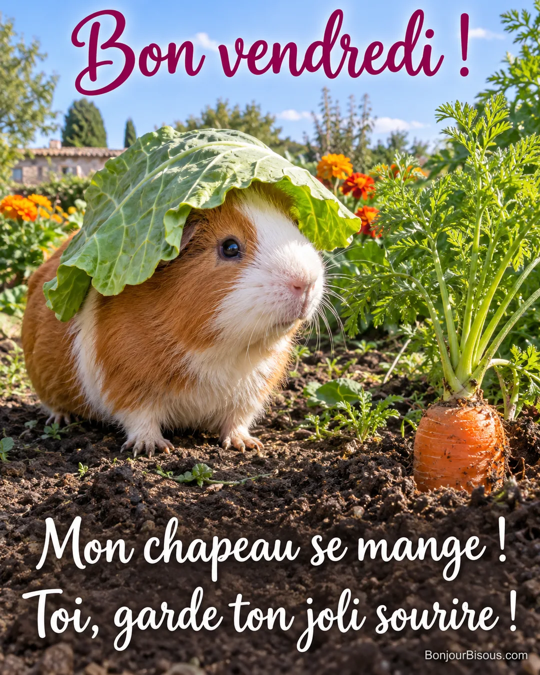 Un cobaye roux et blanc porte une grande feuille de chou comme un chapeau dans un potager ensoleillé. Le message est : « Bon vendredi ! Mon chapeau se mange ! Toi, garde ton joli sourire ! ».