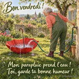 Une jardinière de 78 ans découvre que son tuyau remplit d’eau un parapluie renversé sur la pelouse. Le message est : « Bon vendredi ! Mon parapluie prend l’eau ! Toi, garde ta bonne humeur ! ».