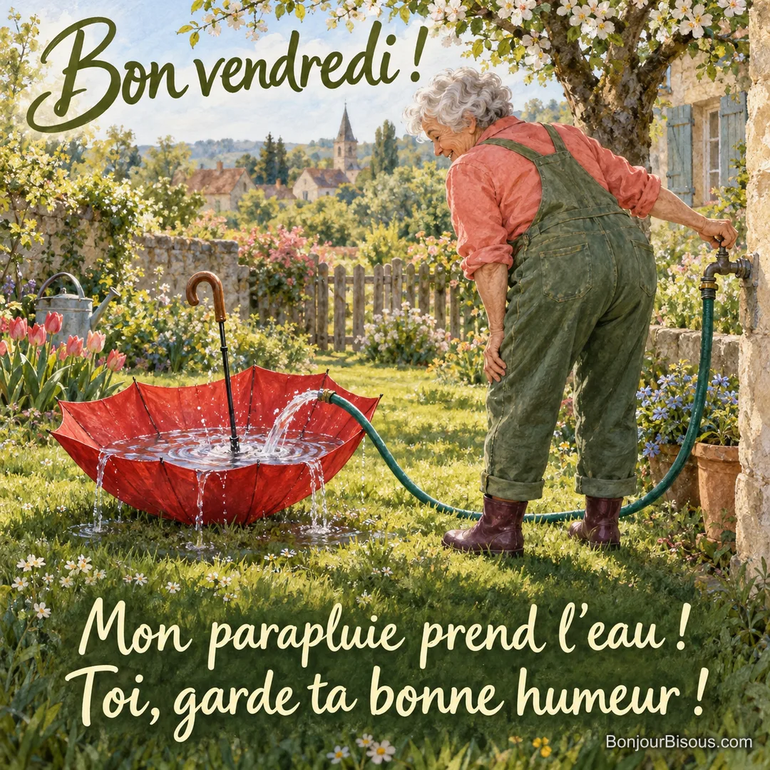 Une jardinière de 78 ans découvre que son tuyau remplit d’eau un parapluie renversé sur la pelouse. Le message est : « Bon vendredi ! Mon parapluie prend l’eau ! Toi, garde ta bonne humeur ! ».