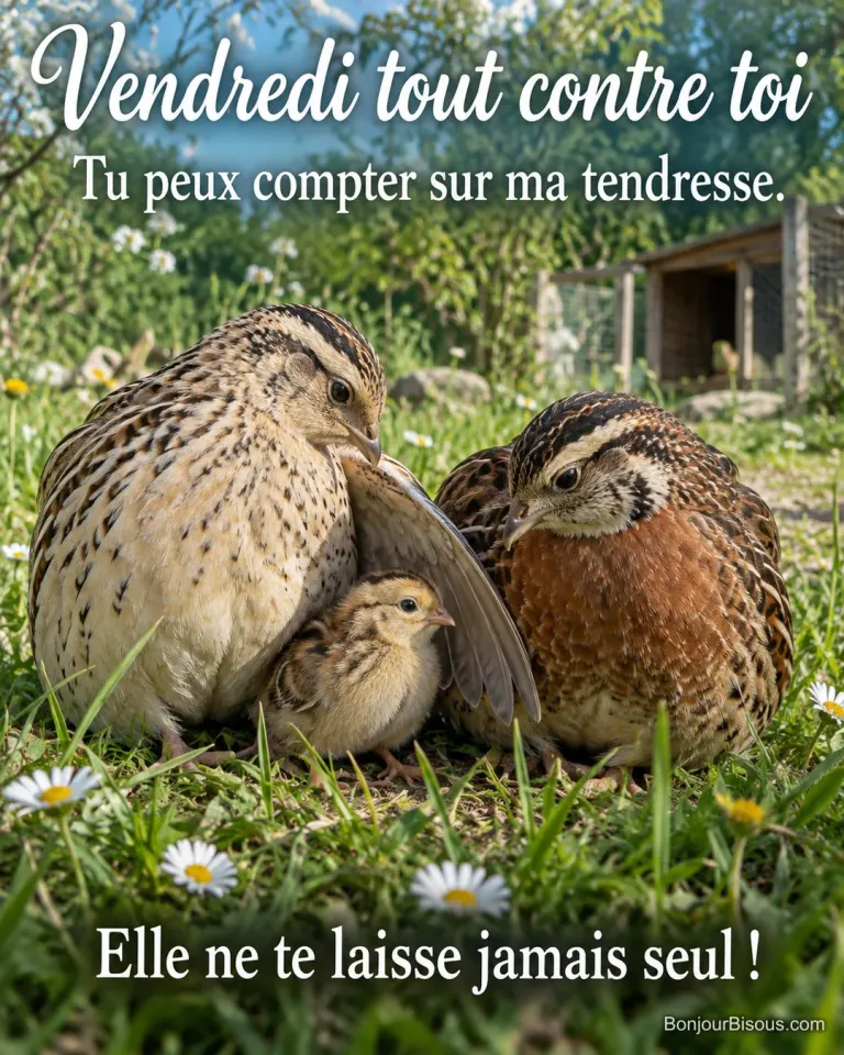 Deux cailles du Japon abritent un unique cailleteau entre leurs ailes dans une prairie de mai. Le message est : « Vendredi tout contre toi Tu peux compter sur ma tendresse. Elle ne te laisse jamais seul ! ».