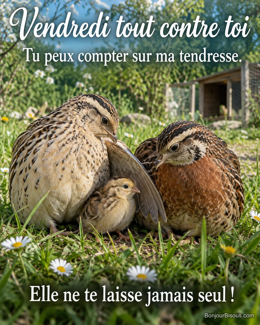 Deux cailles du Japon abritent un unique cailleteau entre leurs ailes dans une prairie de mai. Le message est : « Vendredi tout contre toi Tu peux compter sur ma tendresse. Elle ne te laisse jamais seul ! ».