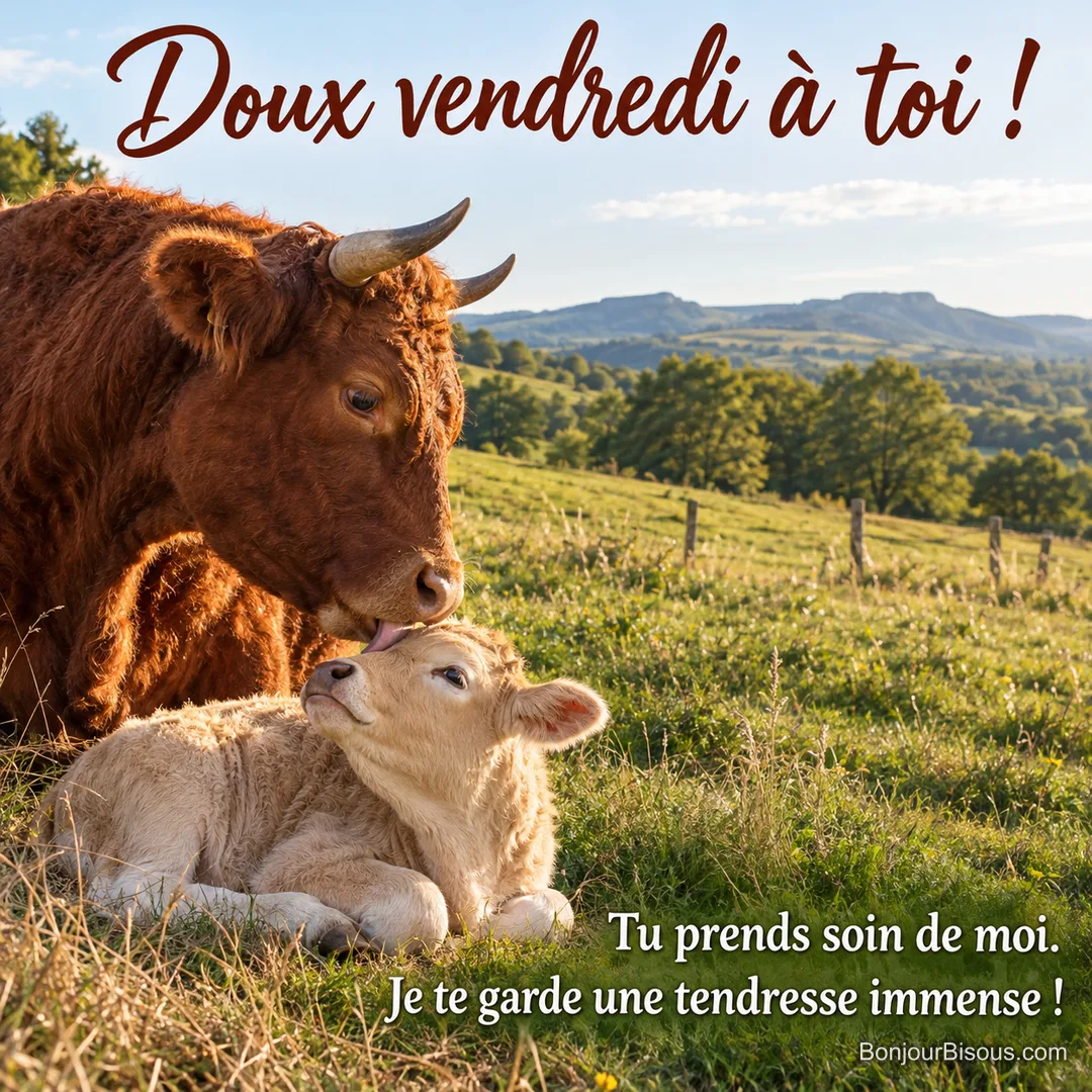 Une vache Salers lèche tendrement le front de son petit veau crème dans une prairie du Cantal. Le message est : « Doux vendredi à toi ! Tu prends soin de moi. Je te garde une tendresse immense ! ».