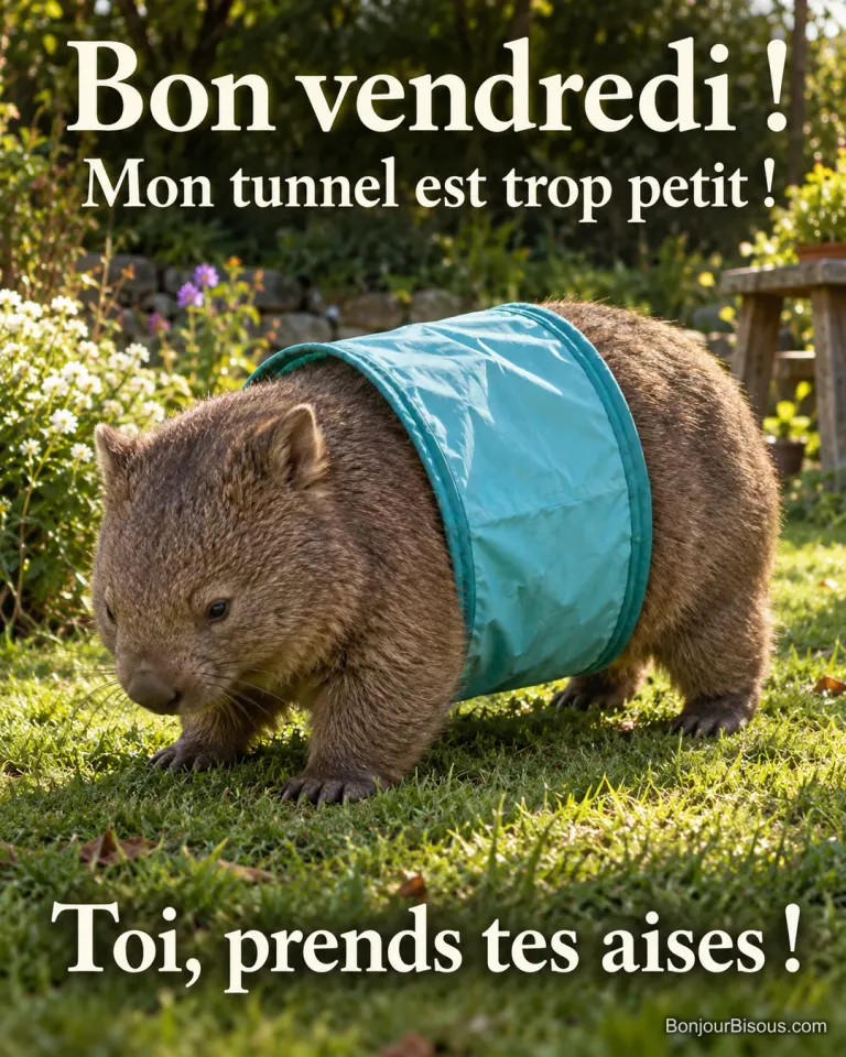 Un wombat trop large dépasse des deux extrémités d’un petit tunnel de jeu turquoise dans un jardin. Le message est : « Bon vendredi ! Mon tunnel est trop petit ! Toi, prends tes aises ! ».