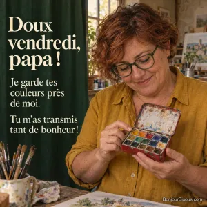 Une femme de 56 ans ouvre avec tendresse la boîte de couleurs usées que lui a transmise son père. Le message est : « Doux vendredi, papa ! Je garde tes couleurs près de moi. Tu m’as transmis tant de bonheur ! ».