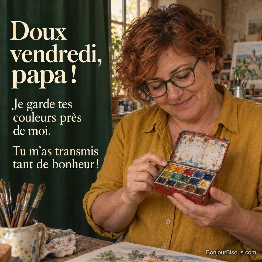 Une femme de 56 ans ouvre avec tendresse la boîte de couleurs usées que lui a transmise son père. Le message est : « Doux vendredi, papa ! Je garde tes couleurs près de moi. Tu m’as transmis tant de bonheur ! ».